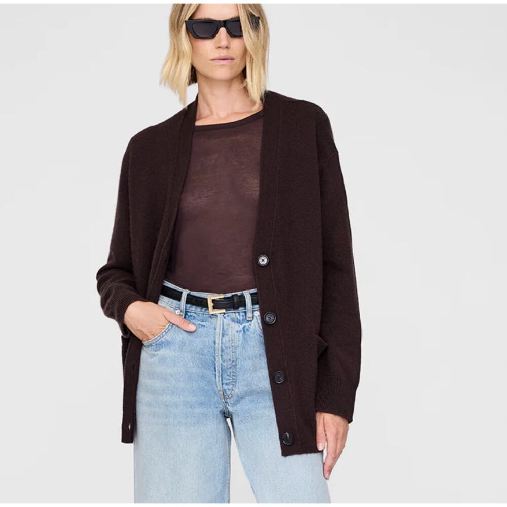 Anine Bing Jackson Deep Brown 100% Cashmere V-neck Button Logo Cardigan, size S